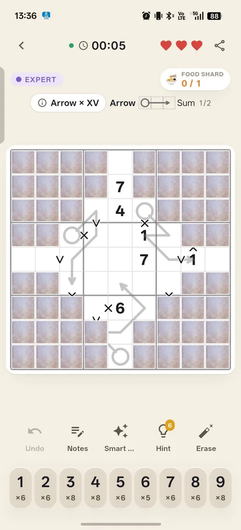 An Arrow × XV board: arrows and X and V markings on the same grid, most cells still fogged