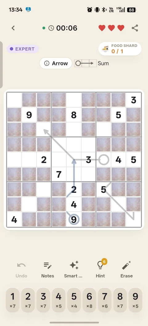 An Arrow board: arrows drawn from circled cells across the grid, most of the cells they cross still under fog