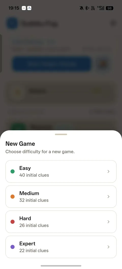 The difficulty picker: Easy, Medium, Hard and Expert with their starting clue counts