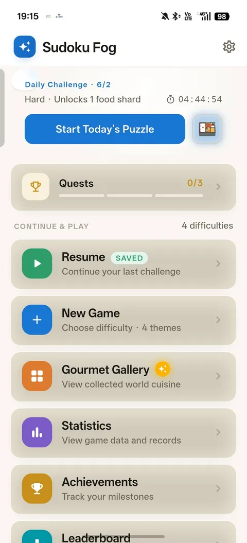The lobby, showing the daily challenge, quests, and entries for the collection, statistics, achievements and leaderboard