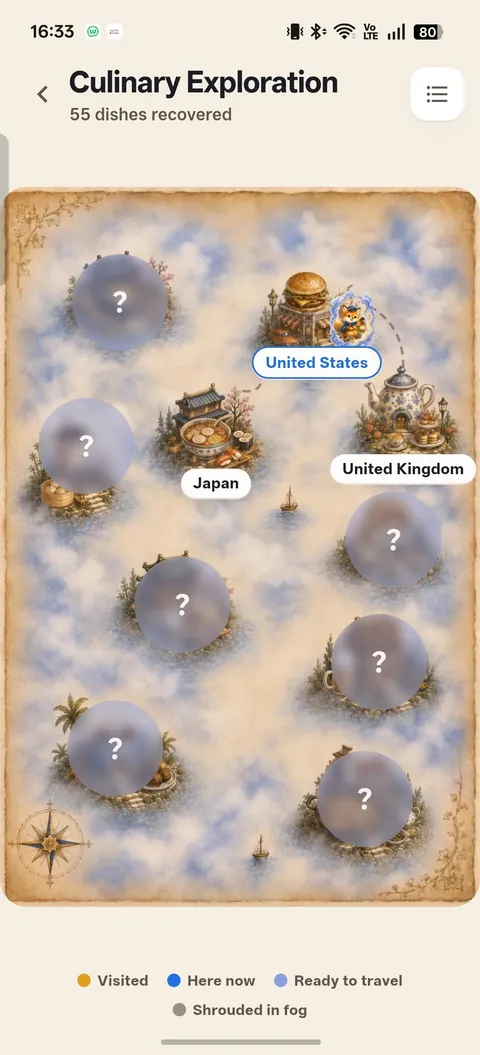 The Culinary Exploration map, with several destinations still shrouded in fog